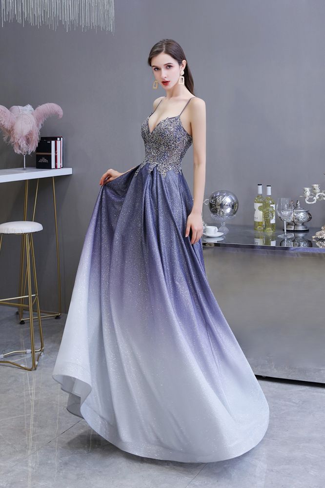 Glamous Spaghetti Ombre Purple Sparkly A-line Party Dress
