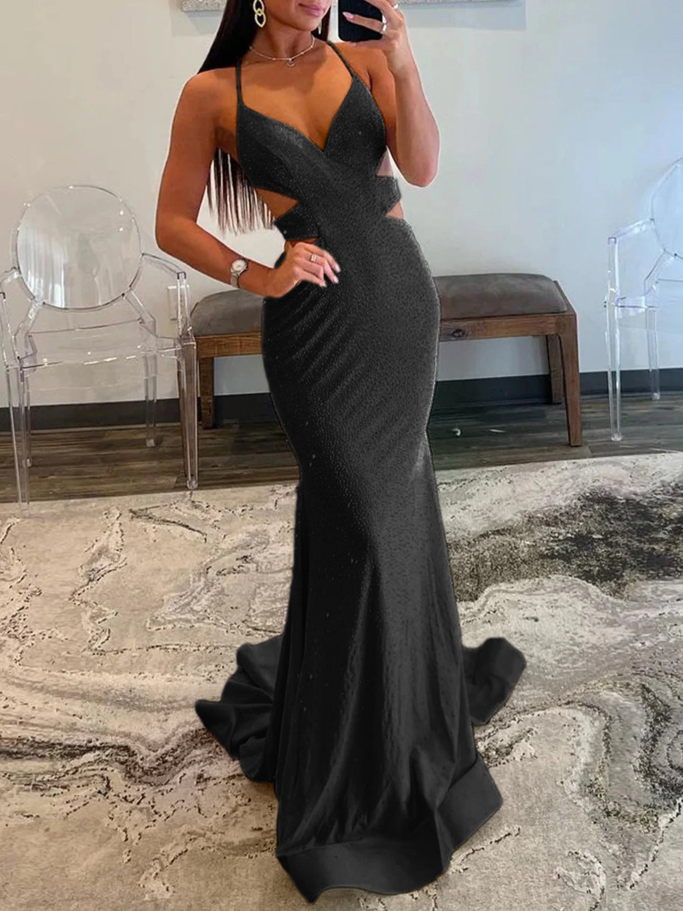 Glint | Vestidos de fiesta largos con lentejuelas amarillas, escote en V y corte sirena brillante