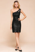 Vestido corto de cóctel con un solo hombro y lentejuelas negras brillantes