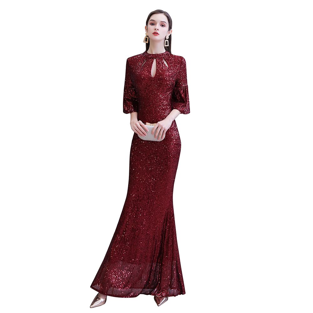 Glitzerndes Meerjungfrauen-Partykleid mit halblangen Ärmeln und Schlüsselloch in Burgunderrot