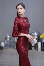 Glitzerndes Meerjungfrauen-Partykleid mit halblangen Ärmeln und Schlüsselloch in Burgunderrot