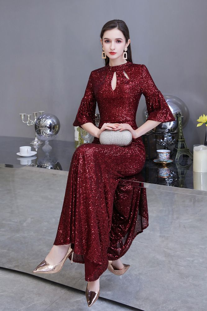 Glitzerndes Meerjungfrauen-Partykleid mit halblangen Ärmeln und Schlüsselloch in Burgunderrot
