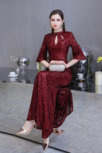 Glitzerndes Meerjungfrauen-Partykleid mit halblangen Ärmeln und Schlüsselloch in Burgunderrot