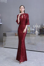 Glitzerndes Meerjungfrauen-Partykleid mit halblangen Ärmeln und Schlüsselloch in Burgunderrot