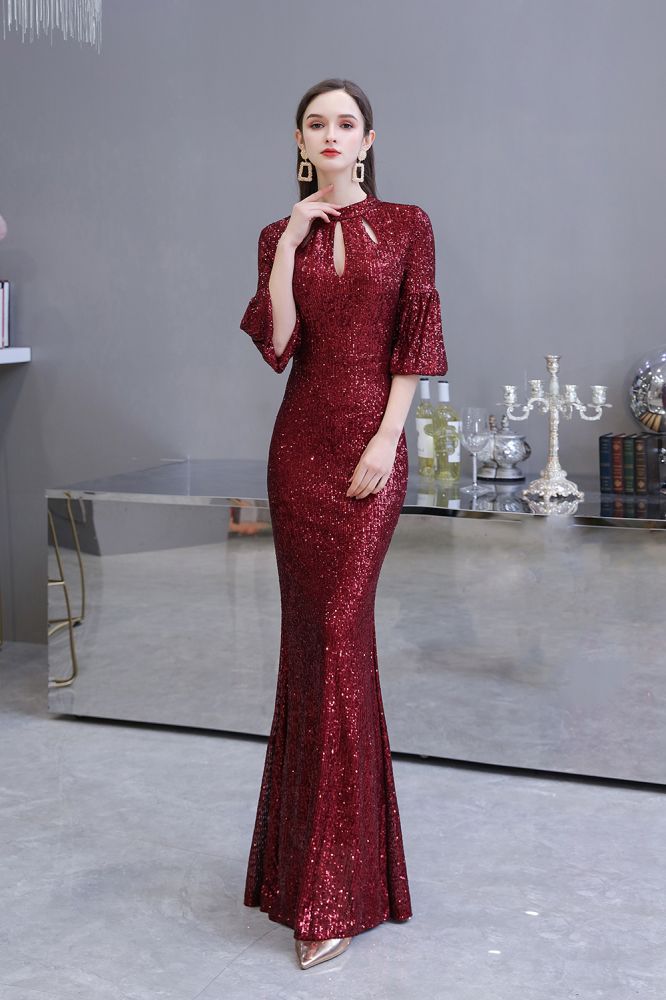 Glitzerndes Meerjungfrauen-Partykleid mit halblangen Ärmeln und Schlüsselloch in Burgunderrot