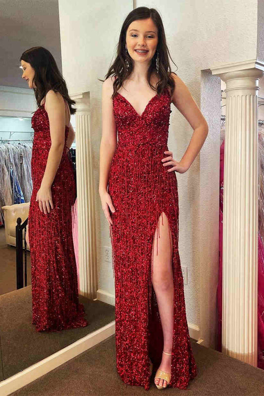 Glitzerndes rotes langes Ballkleid mit V-Ausschnitt und Quaste