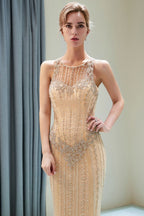 Glitzerndes ärmelloses Perlenbesetztes goldenes Abendkleid mit Rundhalsausschnitt und Meerjungfrau-Partykleid