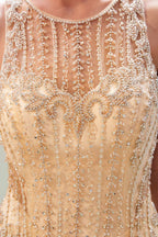Glitzerndes ärmelloses Perlenbesetztes goldenes Abendkleid mit Rundhalsausschnitt und Meerjungfrau-Partykleid