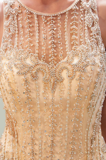 Vestido de noche dorado con cuentas y sin mangas con purpurina, cuello redondo, corte sirena, vestido de fiesta