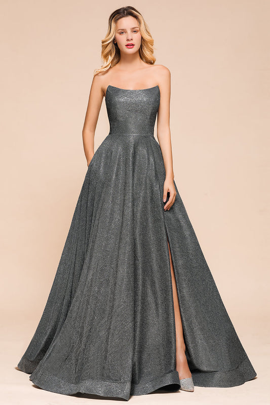Glitzerndes, trägerloses, rückenfreies, langes Ballkleid mit Schlitz