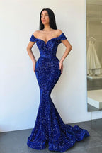 Vestidos de fiesta de sirena con escote corazón y hombros descubiertos con lentejuelas brillantes