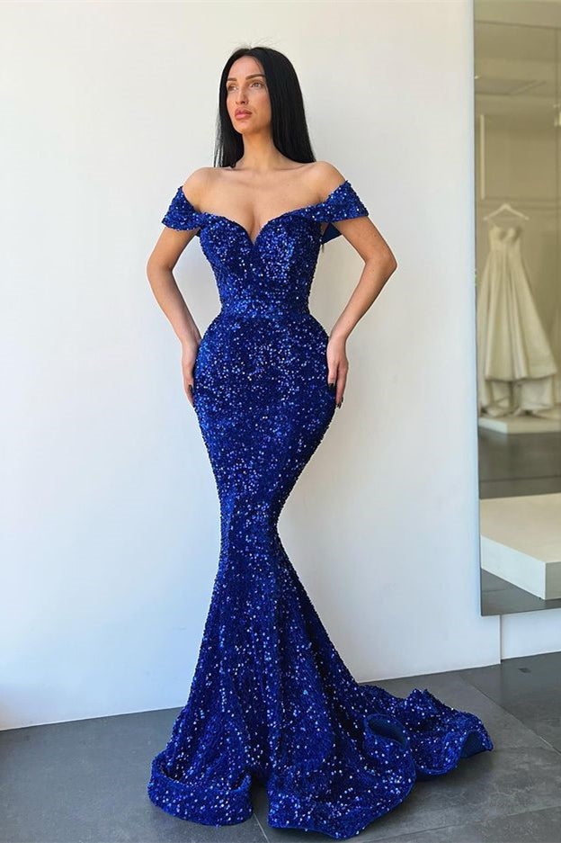 Vestidos de fiesta de sirena con escote corazón y hombros descubiertos con lentejuelas brillantes