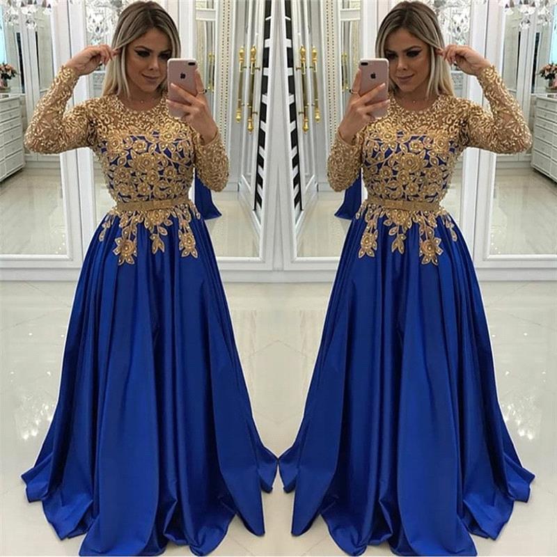 Gold Beads Lace Appliques Evening Dress with Sleeves