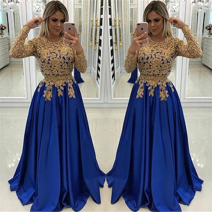 Gold Beads Lace Appliques Evening Dress with Sleeves