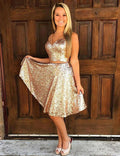 Kurzes, zweiteiliges Ballkleid in A-Linie mit Pailletten und V-Ausschnitt in Gold