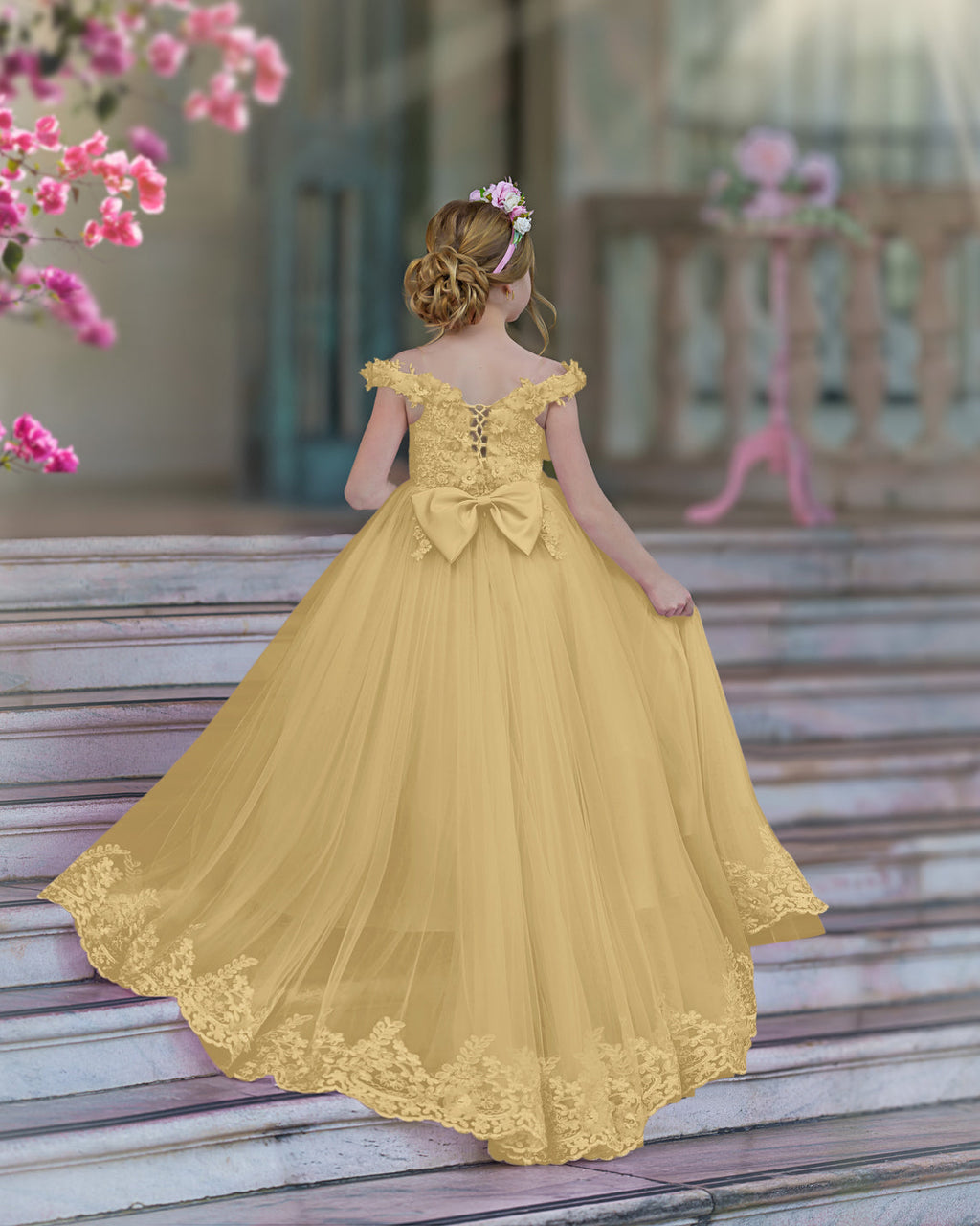 Vestido de fiesta/princesa de encaje con cola larga, color rosa, para cumpleaños
