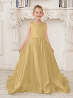 A-Linie Prinzessin Ärmelloses Satin Blumenmädchenkleid mit Schleppe und Schleife 