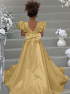 Blumenmädchenkleid mit Puffärmeln, Schleife, Knopfleiste hinten und Schleppe 