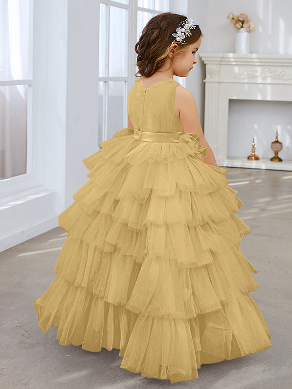 Vestido de fiesta/princesa rosa perla sin mangas con lazo de tul para niña de las flores