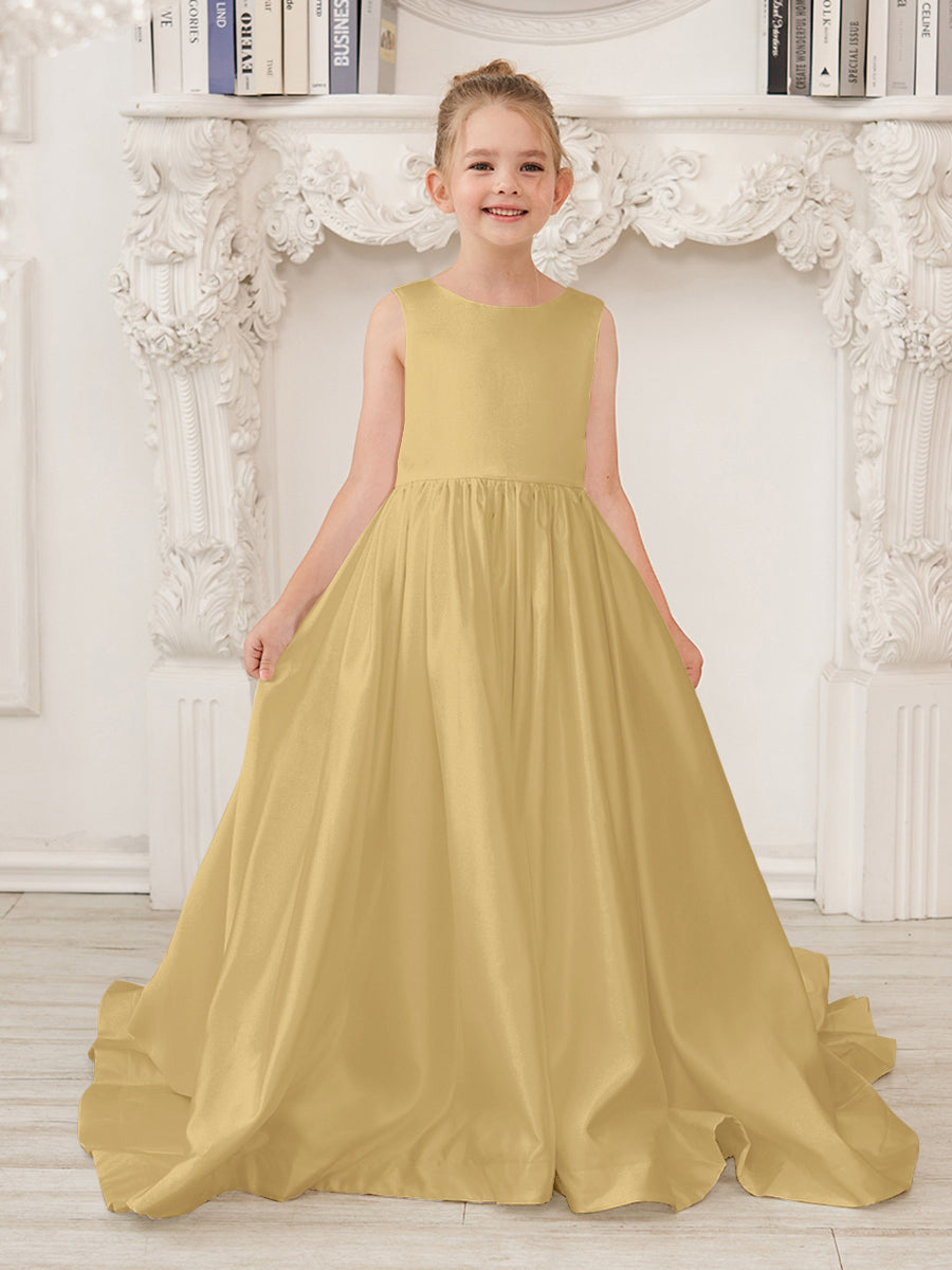 A-Linie Prinzessin Ärmelloses Satin Blumenmädchenkleid mit Schleppe und Schleife 