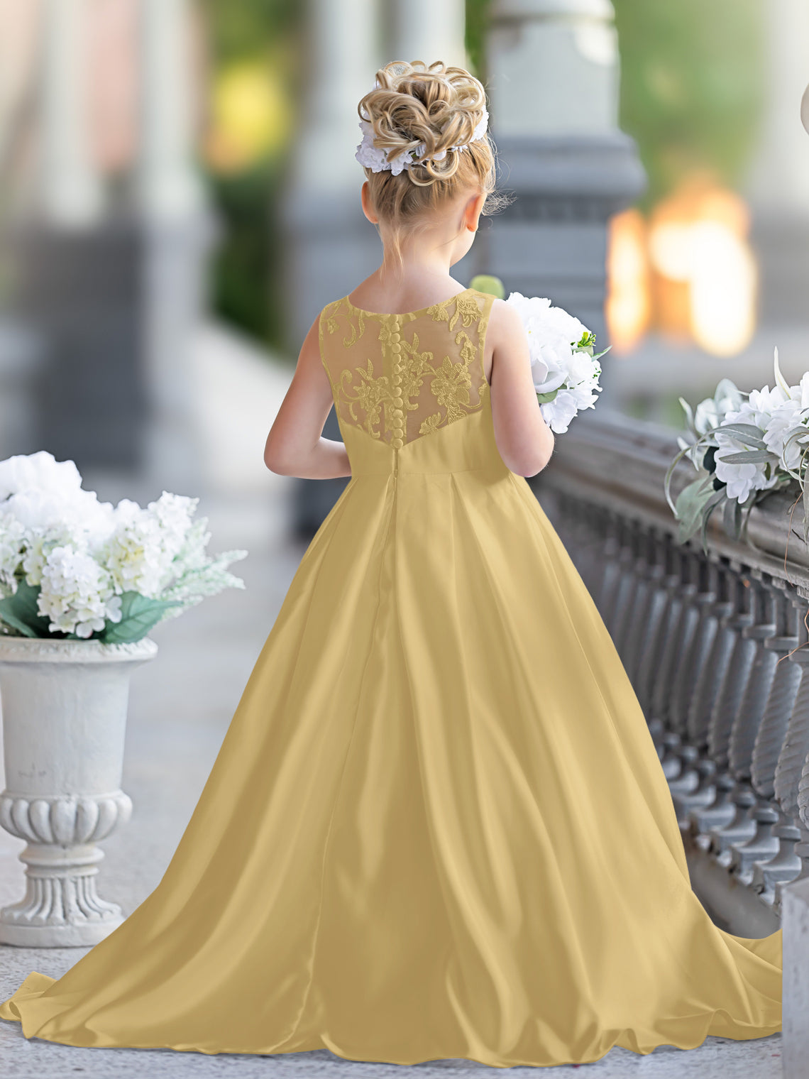 A-Linie Spitze Satin Bodenlang Erstkommunionkleid für Blumenmädchen 
