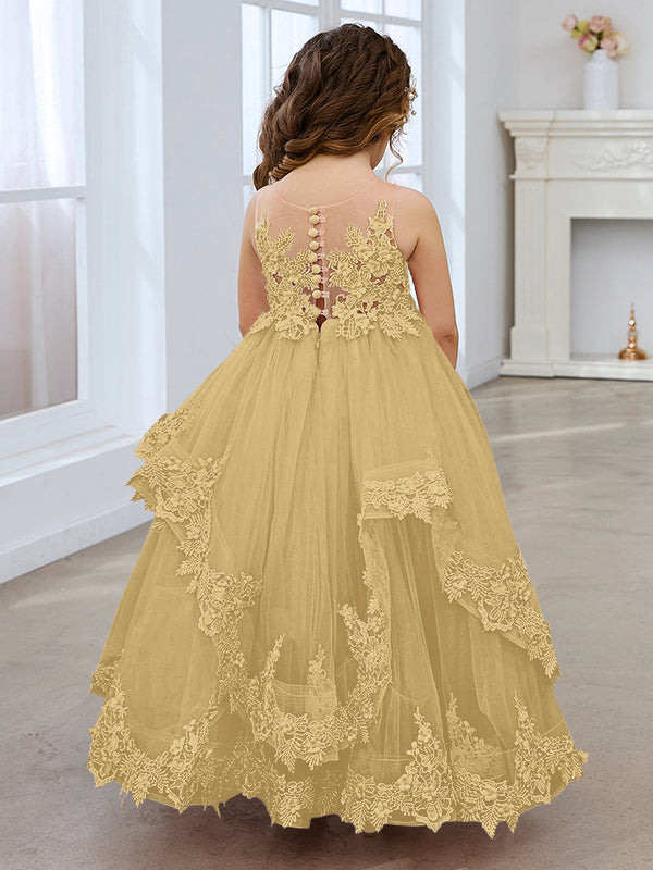 Ärmelloses Prinzessinnen-Tüllkleid mit Spitzenapplikationen und Schleppe für Mädchen 