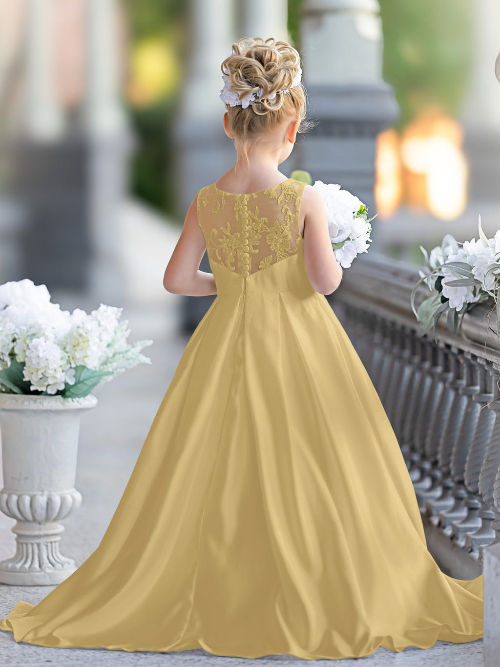 A-Linie Spitze Satin Bodenlang Erstkommunionkleid für Blumenmädchen 