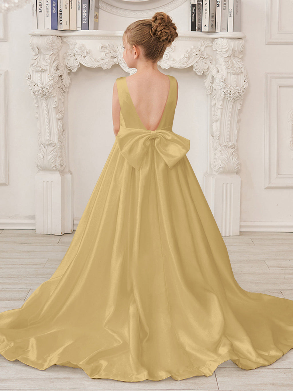 A-Linie Prinzessin Ärmelloses Satin Blumenmädchenkleid mit Schleppe und Schleife 