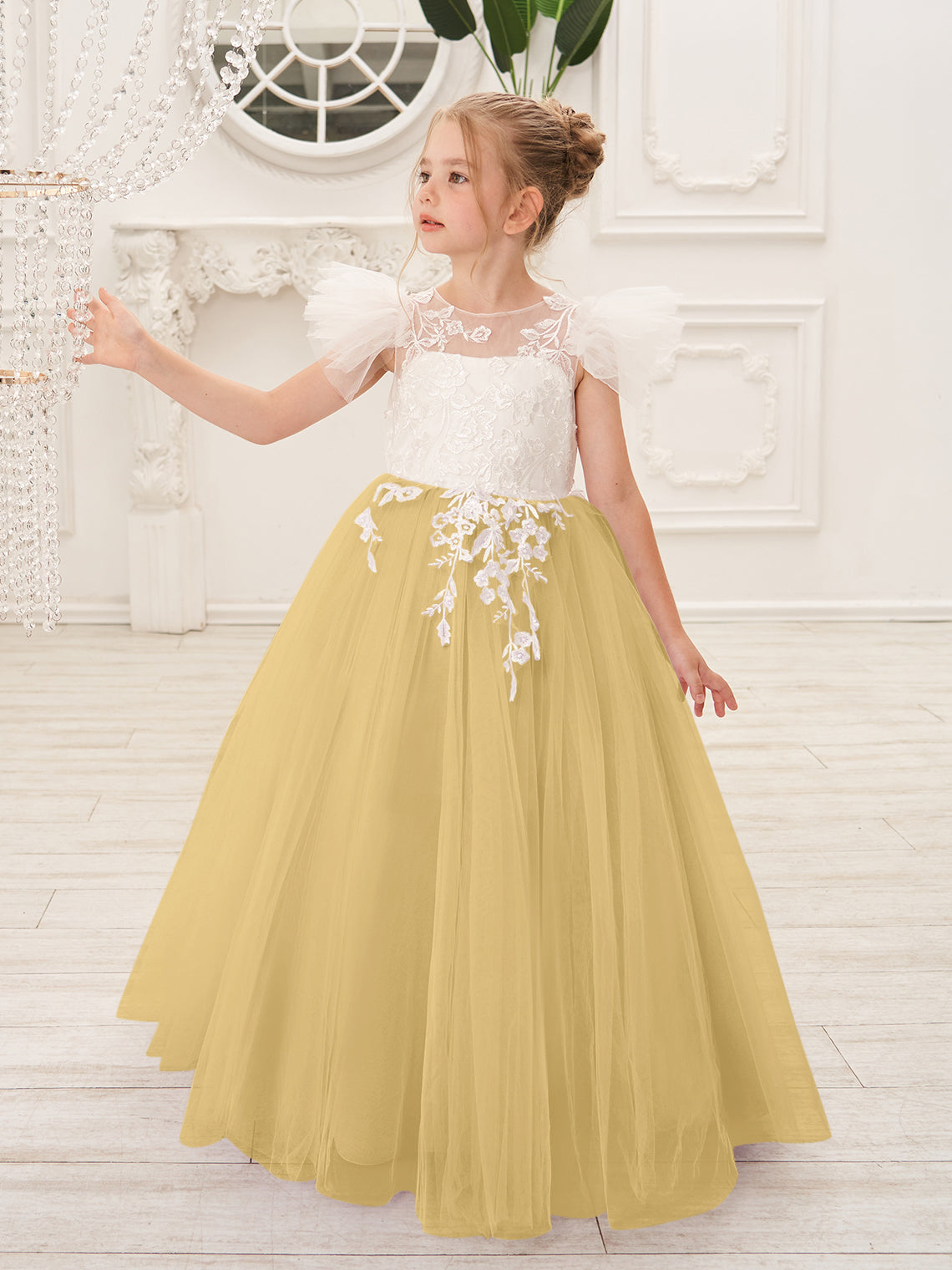 Abnehmbares Blumenmädchenkleid aus Spitze und Tüll mit Schleppe 