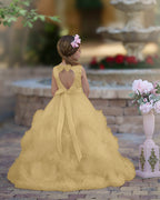 A-Linie Satin Tüll Bodenlang Kaskadierende Rüschen Blumenmädchenkleid