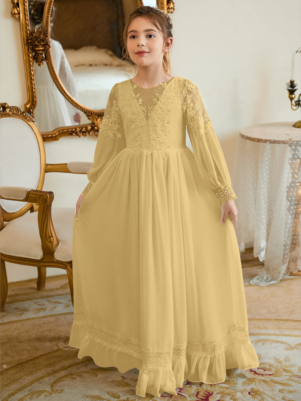 Bodenlanges Chiffon-Kleid in A-Linie und Elfenbein für die Erstkommunion 
