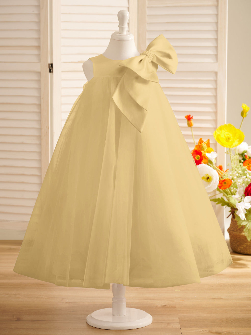 A-Linien-Kleid mit großer Schleife und Tüll in Wadenlänge für Blumenmädchen