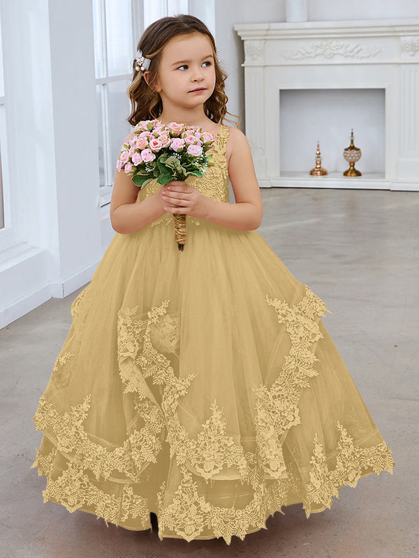 Ärmelloses Prinzessinnen-Tüllkleid mit Spitzenapplikationen und Schleppe für Mädchen