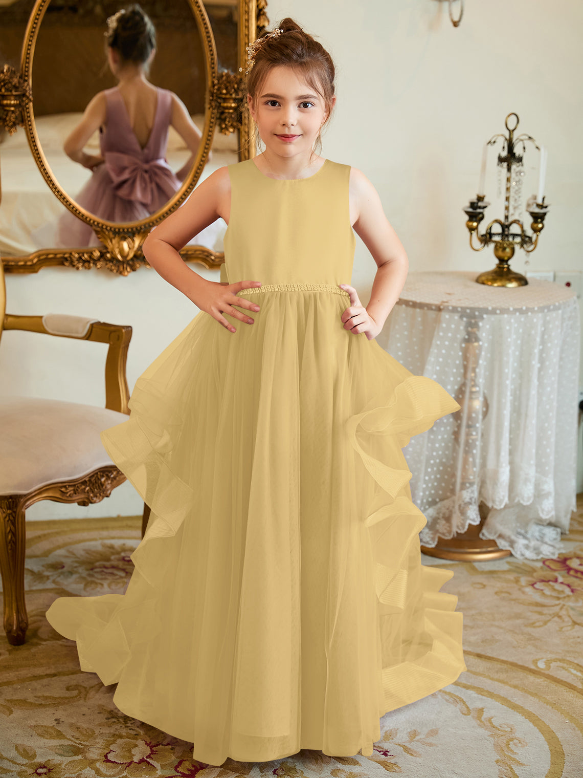 Duchesse-Linie/Princess-Linie Satin Tüll Bodenlang Blumenmädchenkleid 