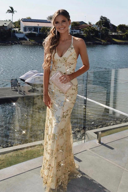 Kara | Vestido de fiesta largo dorado de sirena con cordones y lentejuelas