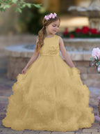 Vestido de niña de las flores de tul satinado con corte A y volantes en cascada hasta el suelo