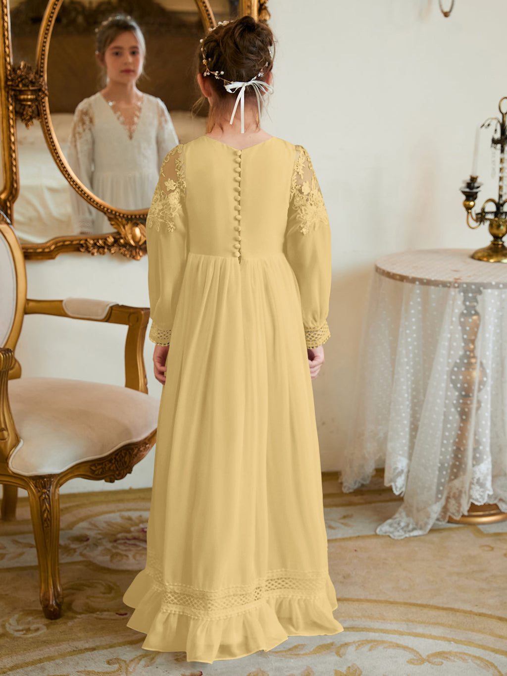 Bodenlanges Chiffon-Kleid in A-Linie und Elfenbein für die Erstkommunion 