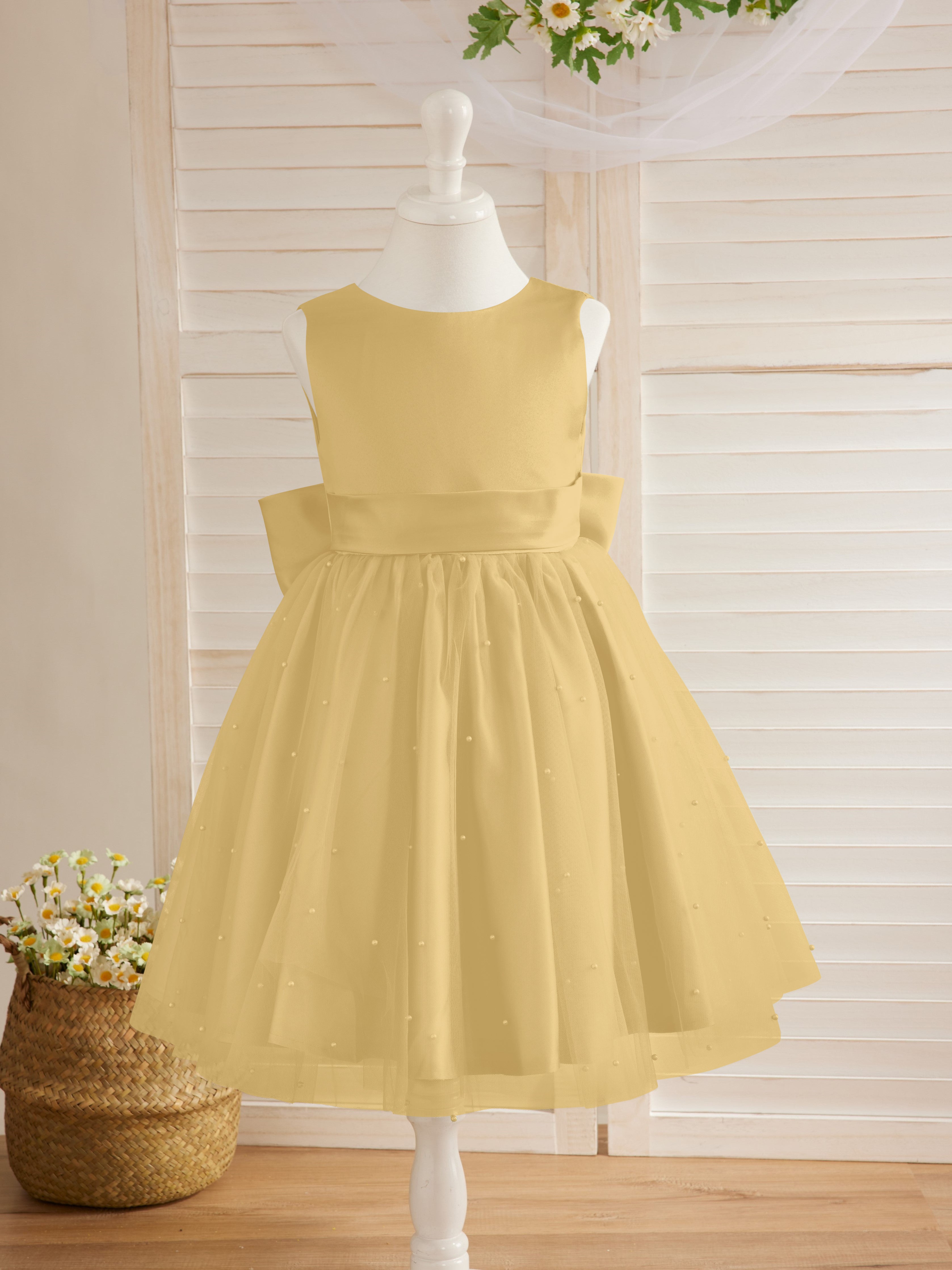 Vestido de niña de las flores de satén, tul y hasta la rodilla, estilo princesa
