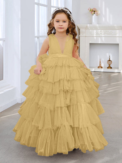 Vestido de fiesta/princesa rosa perla sin mangas con lazo de tul para niña de las flores