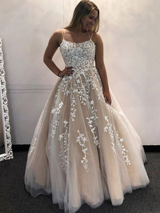Wunderschönes rückenfreies A-Linien-Ballkleid aus Tüll mit offenem Rücken und Spitzenapplikationen