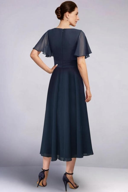 Hermoso vestido de madre de la novia de corte A, de gasa, cuello en V, mangas cortas, vestidos de dama de honor con volantes