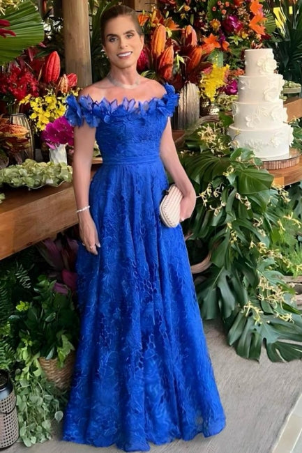 Hermoso vestido de encaje de línea A para madre de la novia, sin mangas, con hombros descubiertos, vestidos de dama de honor azules