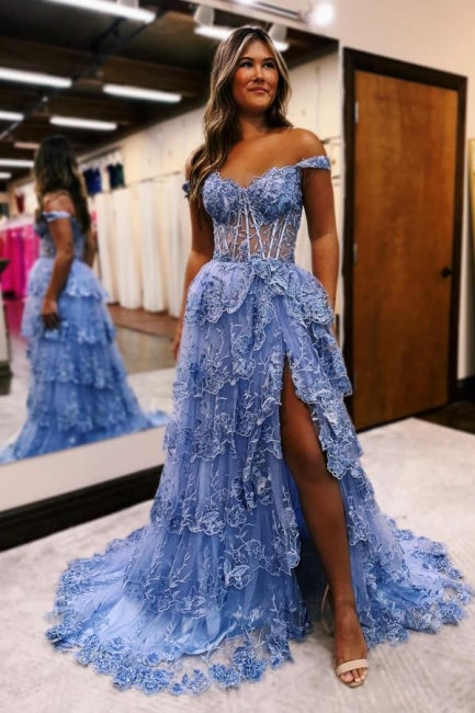 Wunderschönes A-Linien-Ballkleid mit Spitze, schulterfrei, ärmellos und Schlitz
