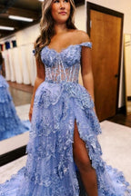 Hermosos vestidos de fiesta sin mangas con hombros descubiertos y encaje en forma de A con abertura