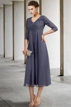 Hermoso vestido de madre de la novia de corte A con encaje, escote en V, mangas 3/4 y apliques para dama de honor.