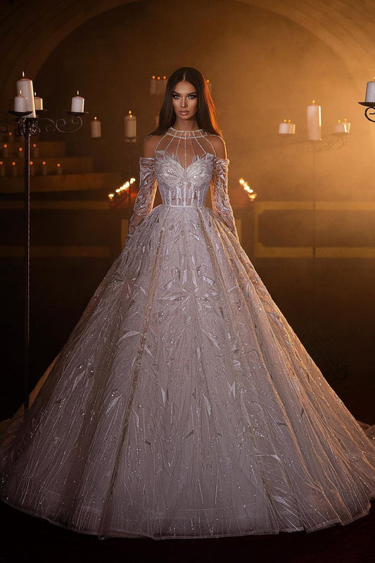 Wunderschönes A-Linien-Brautkleid mit langen Ärmeln und Spitze
