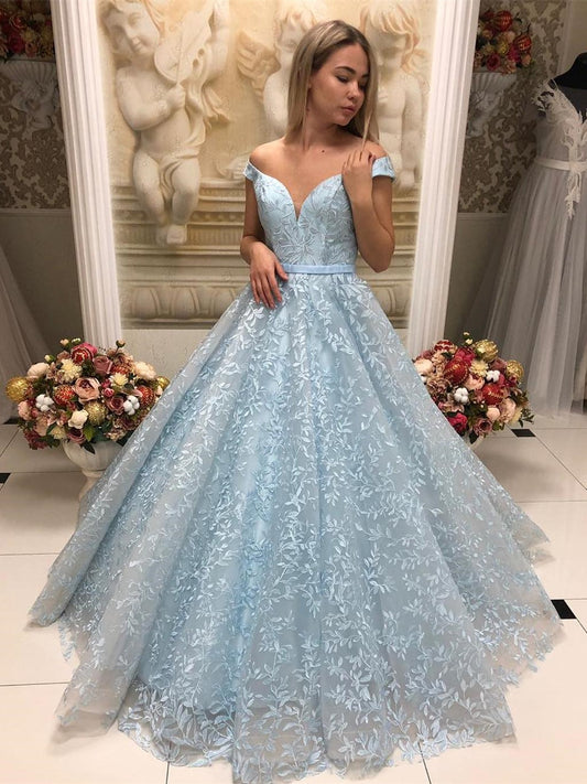 Wunderschönes A-Linien-Ballkleid mit schulterfreiem Spitzentüll und langem Saum
