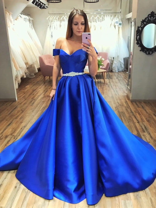 Wunderschönes A-Linien-Abendkleid aus schulterfreiem Satin in Königsblau