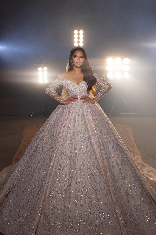 Wunderschönes A-Linien-Brautkleid mit schulterfreiem V-Ausschnitt und Spitze