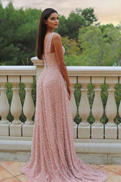 Wunderschönes A-Linien-Ballkleid aus Satin mit einer Schulter und ärmellosem Rosa